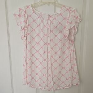 Blu Pepper White and Pink Bow Patterned Textured Blouse‎ NWT Size Large